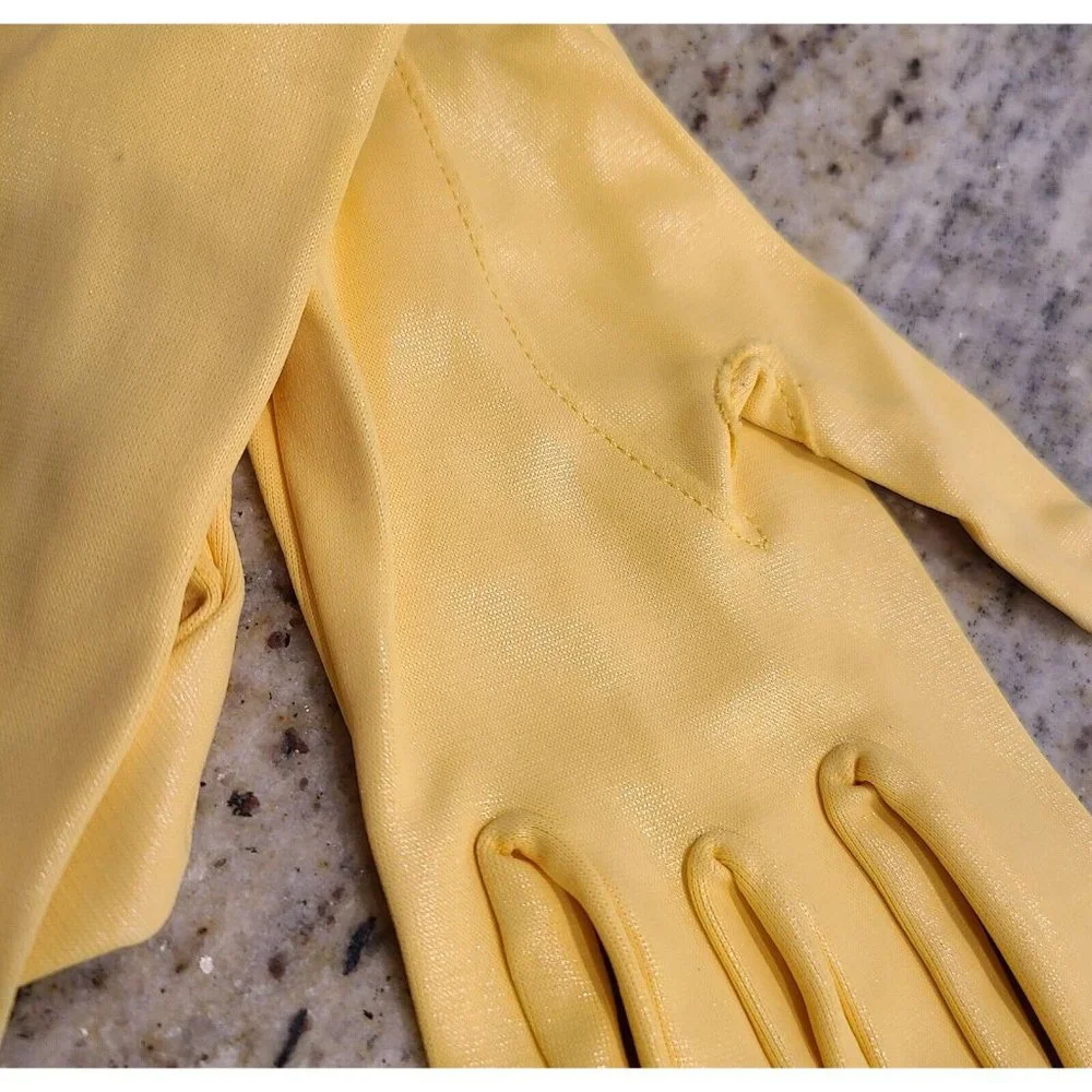 New! Vintage Size 6.5 Small Yellow Shiny Nylon Stretch Formal Gloves 7.5